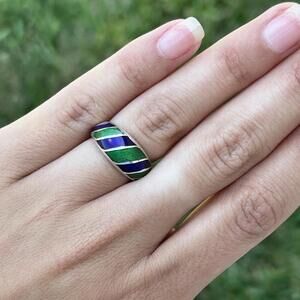 Green and Blue Cloisonne Enamel Ring in Sterling Silver Size 4.75